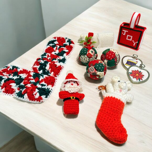 Lot of 10 Handmade Christmas Ornament and Decorations Knit Crochet Cross Stitch - Picture 1 of 9